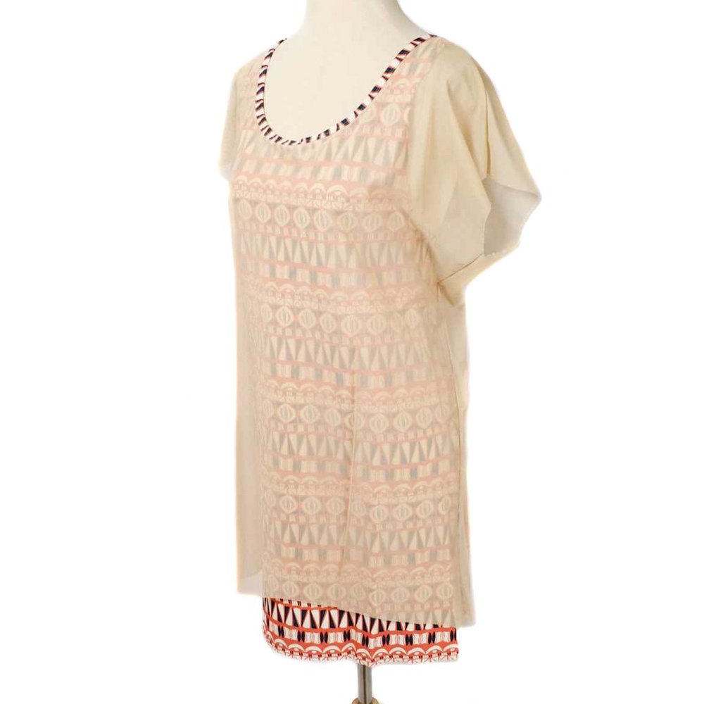 AQUARIUS Geometric Pattern Tan Mesh Overlay Dress - Picture 2 of 6
